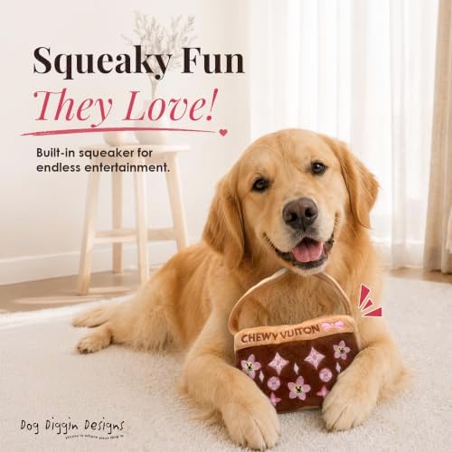 Dog Diggin Designs Chewy Vuiton Brown Blossom Plush Dog Toy Purse | Luxury-Inspired Parody Designer Handbag with Squeaker, Soft Plush Fashion Dog Toy – Haute Couture Purses & Handbags