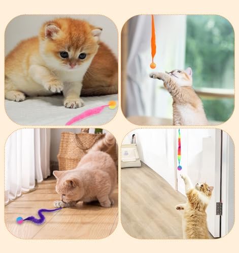 7pcs Bouncy Balls for Cats, Colorful Magic Worm with Ball, Interactive Cat Bouncy Ball, Twisty Fuzzy Worms for Cats Party Favors, Rainbow Colors
