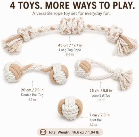 4-Pack Dog Rope Toys for Small to Medium Dogs - Variety Set of Natural Cotton Interactive Toys for Puppies - Includes 18" Long Tug Rope with Handle, Knot Ball & Figure-8 - [Not for Aggressive Chewers]