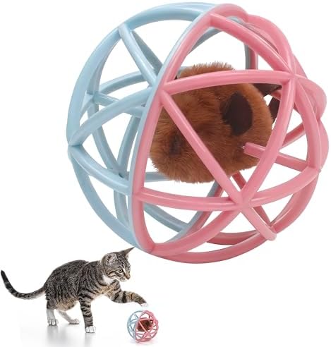 Squeaky Mouse Ball Cat Toy with Simulated Sound, Mouse Ball Cage, Squeky Balls for Cats to Play with Indoor, Plastic Squeak Interactive Funny Toys Best for Playing Chewing Training Chasing (Pink-Blue)