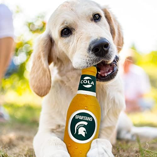 NCAA MICHIGAN STATE SPARTANS BEER BOTTLE PLUSH DOG & CAT SQUEAK TOY - Cutest STADIUM SODA BOTTLE SNACK Plush Toy for DOGS & CATS with INNER SQUEAKER & Beautiful Football/Basketball Team Name/Logo