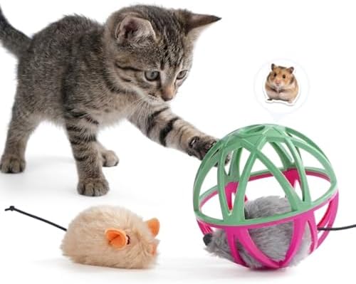 Cat Toys for Indoor Cats - Interactive Ball Cage Cat Toy with Realistic Mice Sounds & 2 Catnip Plush Toys, Motion-Activated Hunting Simulation Toy for Cats