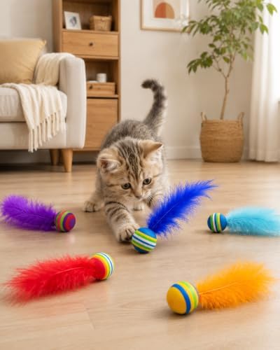 PET SHOW 20 Pack Cat Toy Balls for Indoor Cats 1.4inch with Feathers
