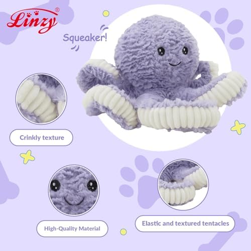 Linzy Plush Octopus Dog Toy, Soft Crinkle Squeaky Chew Toy for Small Medium Large Dogs, Purple and White Tentacles, Interactive Pet Toy, 18 Inch