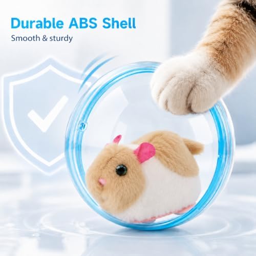 Self Rolling Interactive Cat Ball, Automatic Moving Cat Toy with Plush Animal Inside, 360° Rolling Cat Chasing Ball with Transparent Ball for Cats Dogs Small Pets (Blue,White/Brown Mouse)