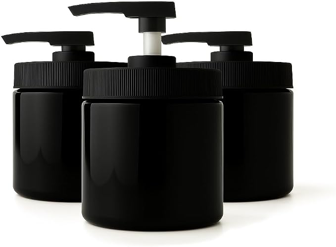 Royal Massage 16oz Refillable Pump Jar with Locking Dip Tube Dispenser – BPA-Free Plastic Container for Massage Oils, Lotions, Creams – Ribbed Lid Wide-Mouth Jar – Durable & Reusable (Black/Black, 3)