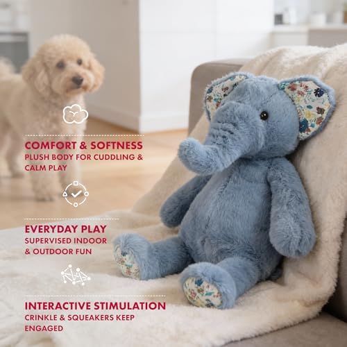 Petlou Dog Plush Toys,Crinkle Toy, Interactive Stuffed Squeaky Toys Chew for Medium Small Large Dogs,Cute (15" Promo Elephant-Blue)