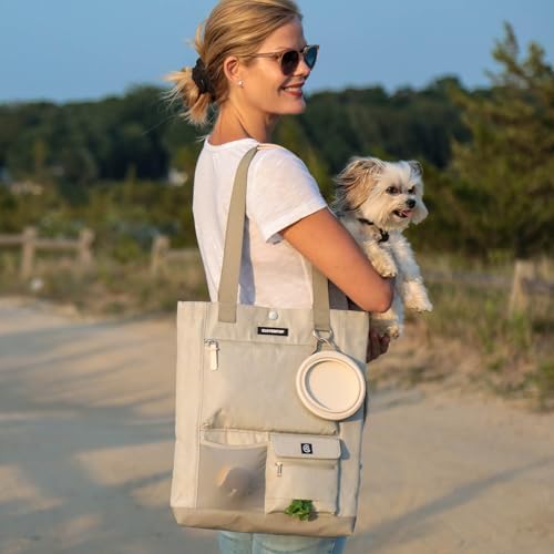 Cleverpup Park Pack 2-Piece Dog Gear Travel Tote - 8 Pockets, Sand