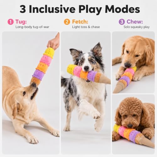 Squeaky Dog Plush Chew Toy, Interactive Tug Squeaky Toy for Chewers, Medium & Large Dogs & Fetch Play, 17.7 in Stuffed Rainbow Ice Cream Toy with Soft Short Plush for Gentle Gum Care & Boredom Relief