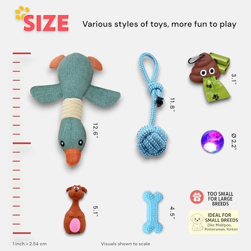 Puppy Toys for Small Dogs - 7 Pack Durable Chew and Teething Toys with Squeaky Plush, Interactive Dog Toys, LED Ball & Poop Bag Dispenser for Toy Breeds & Puppies Under 15 Lbs