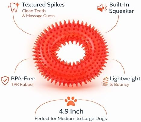 Squeaky Spiky Dog Ring Toy for Teeth Cleaning & Gum Massage 4.9 Inch Medium Large Dogs Red | Spiny TPR Rubber Chew Toy for Fetch Play Interactive Bouncy Dental Ring Durable BPA Free Nontoxic Floats
