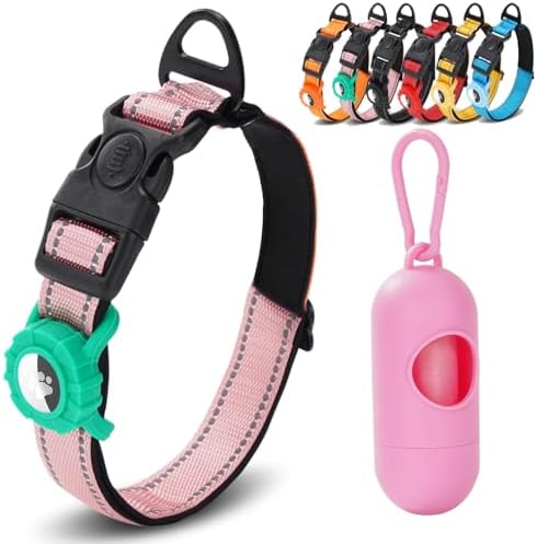 JSXD AirTag Dog Collar, Night Reflective Nylon Dog Collar for Small Medium Large Dogs,Lockable Quick Release Buckle,Padded Breathable Pet Collar with AirTag Holder (Pink, Small)