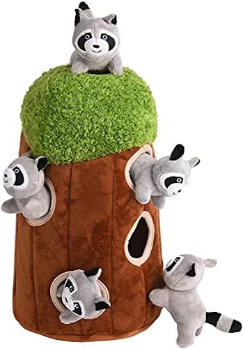 Glow Pups Dog Puzzle Plush Toy Tree with Squeaky Raccoons, Interactive Hide and Seek Fun, Promotes Mental Stimulation, Large Size, Brown/Gray Plush, 5-Pack (Raccoon in Tree, Large)