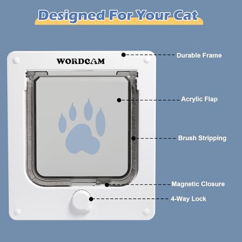 Wordcam Cat Door for Interior/Exterior, for Pets Waist≤5.9", Medium, White
