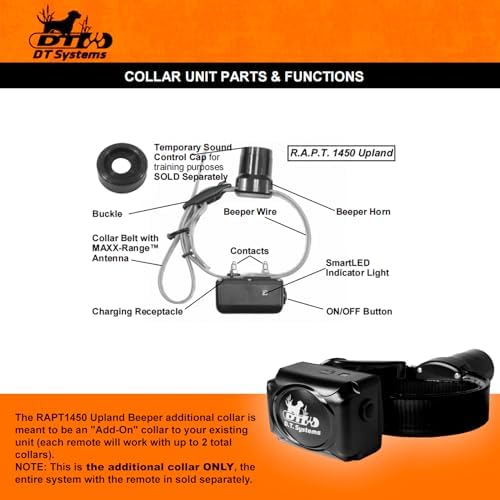 DT SYSTEMS RAPT1450 Upland Beeper Additional Collar Receiver for RAPT1450 Dog Training System, Rechargeable Programmable 12-23" Adjustable Add-On E-Collar - Black