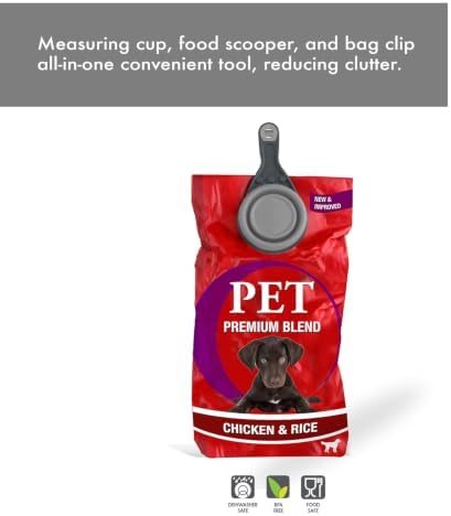 Dexas Popware for Pets Collapsible Klip Scoop, 3-in-1 Pet Food Scoop, Measuring Cup and Bag Clip, 2 Cup Capacity, Light Gray