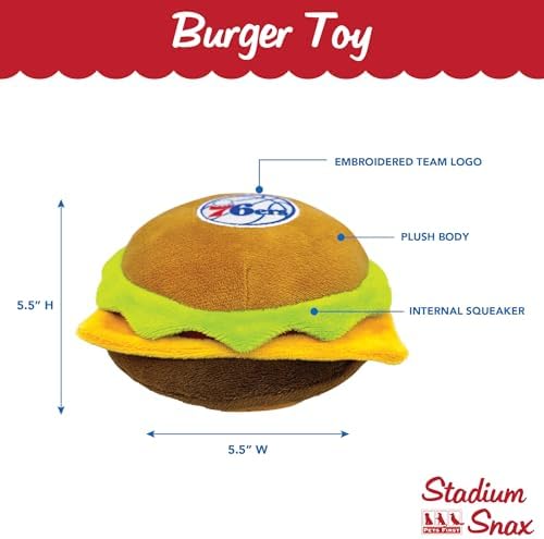 Pets First NBA Philadelphia 76ers Cheese Burger Plush Dog & CAT Squeak Toy - Cutest Stadium HAMBERGER Snack Plush Toy for Dogs & Cats with Inner Squeaker