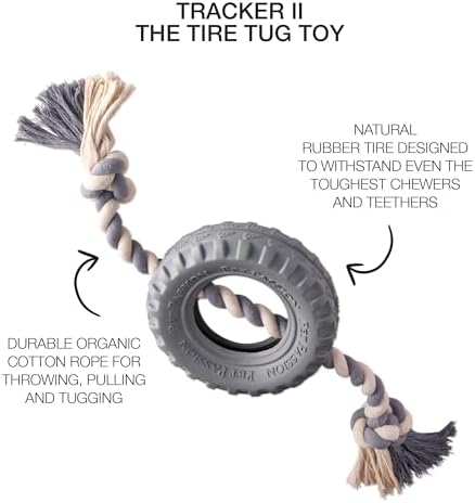 Pet Passion Natural Rubber Tire and Organic Cotton Rope Pull and Chew Dog Toy for All Pet Breeds, Gray, Small