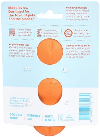 WEST PAW Zogoflex Rumpus Dog Chew Toy – Floatable Toy for Dogs, Aggressive Chewers – Puppy Chewing Toys for Catch, Fetch – Recyclable, Dishwasher-Safe, Small 5.25", Tangerine