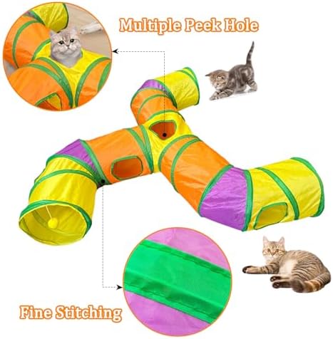 3-Way Cat Tunnels for Indoor Cats with Peek Hole, Large Foldable Rainbow Pet Tube Toy with Hanging Ball, Fun Interactive Toys for Kittens, Rabbits, Small Dogs