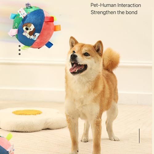 TRAVEYO Plush Dog Toy Ball, Built-in Bell Interactive Fetch Toy, 6.3 Inch Soft Stuffed Cotton Chew Ball, Durable Washable Sensory Play Toy for Small Medium Large Dogs