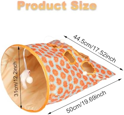 Cat Tunnel Bag for Indoor Cats, Foldable Pet Tunnel Crinkle Sack Bag with a Little Mouse & 3 Toy Ball, Portable Crinkle Paper Interactive Hide and Seek Cat Toys (Orange)