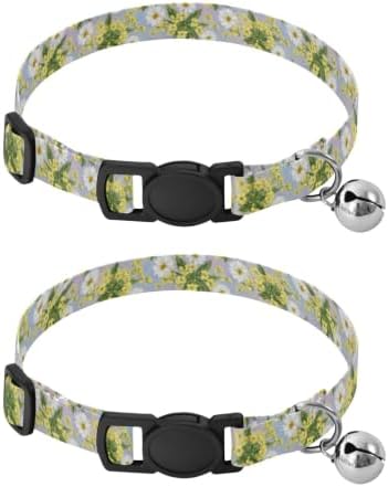 Daisies Flowers Green Leaf Soft Cat Collar, 2 Pack Kitten Bell Collar