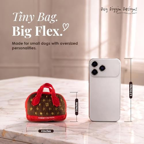 Dog Diggin Designs Chewy Vuiton Posh Purse Plush Dog Toy | Luxury-Inspired Parody Designer Handbag with Squeaker, Soft Plush Fashion Dog Toy – Haute Couture Purses & Handbags
