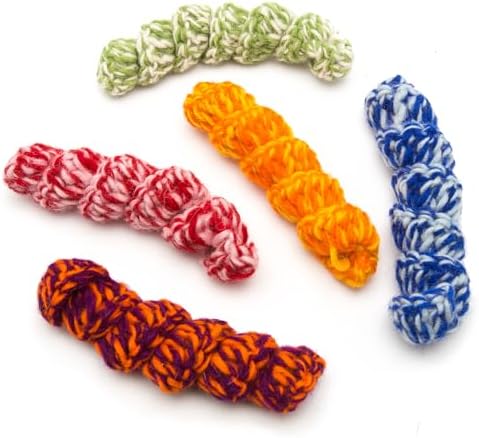 Glaciart One Crochet Spring Cat Toy – 5 Pcs Soft Fuzzy Enrichment 100% Natural Wool Yarn - Interactive Stretchable Play Cat Toy Set - Safe for Pets, Non-AZO Colored Dyes