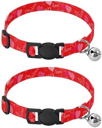 Hearts Red Lightweight Small Dog Collar, 2 Pack Cat Collar with Bell