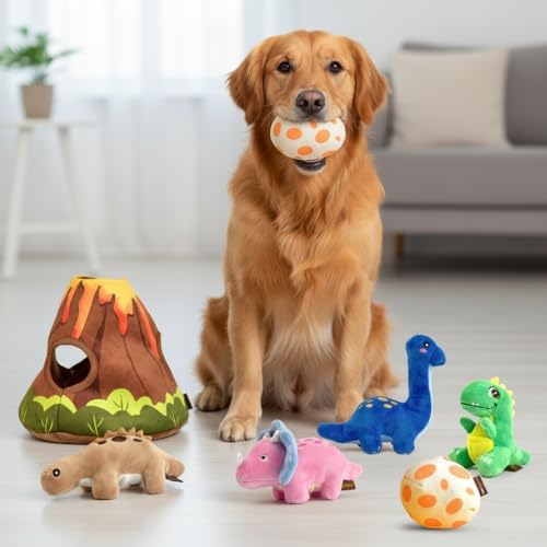 Dinosaur Squeaky Dog Toy for Large Dogs, Interactive Plush Chew Toy, Hide and Seek Design, Black, 10x2x5 Inches
