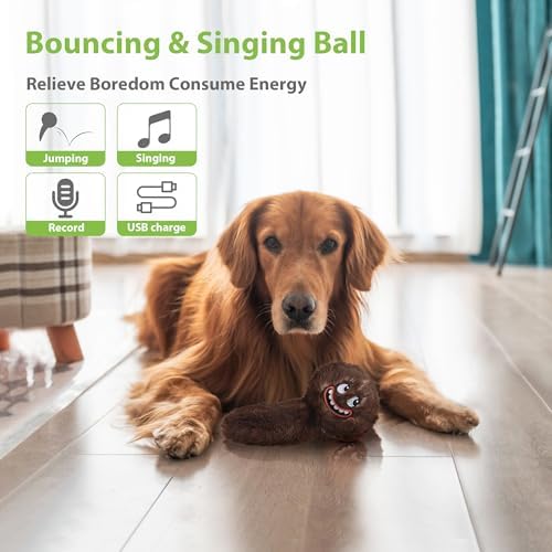 PETGEEK Interactive Dog Toys Ball - Rechargeable, Squeaky Plush Crazy Bouncer Dog Ball with Wiggles & Vibrations, Durable Moving Vibrating Toy for Small, Medium, Large Dogs (6 Inches, Brown)