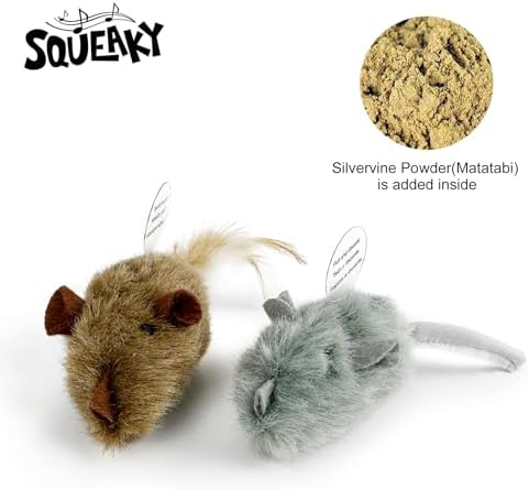 TTcat 2 Pack Squeaky Furry Mouse Cat Toys with Silvervine, Realistic Fluffy Mice Kitten Interactive Hunting Toy, Noise-Making Cat Prey Toy for Indoor Cats, Boredom Relief Teaser Chew Toy.