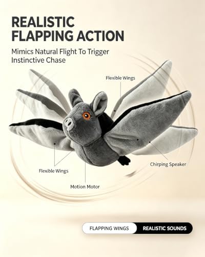 Flying Bat Dog Toy, Interactive Flying Bat Toy for Dogs with Flapping Wings, Chirping Sounds, USB Rechargeable, Touch Activated, Hanging or Floor Toy for Dogs, Puppies and Cats to Reduce Boredom，2 PCS