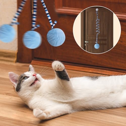 Andiker Cat Spring Toy, Self-Play Stretchable Door Hanging Cat Toy with Bell for Indoor Interactive Cat Toy, Soft Plush Ball with Spring Kitten Toy for Cat Kitten Playing Exercising (Yellow+Blue)