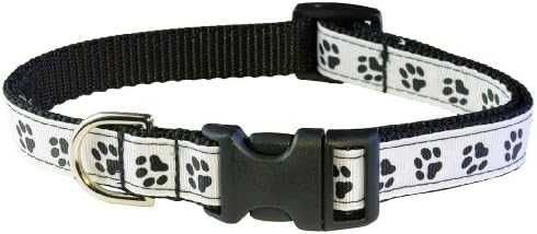 Small Black/Wht. Puppy Paws Dog Collar: 5/8" Wide, Adjusts 10-14" - Made in USA.