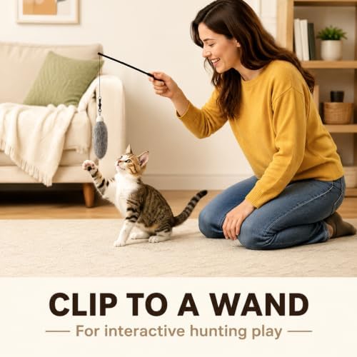 3pcs Cat Rabbit Fur Interactive Toys in Brown, Grey & White,/ Natural Fluffy Wand Attachments for Indoor Cats, Silent Handmade Replacement Heads with Secure Connector