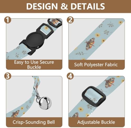 Watercolor Moths Decorative Pet Collar with Bell 2 Pack Puppy Collar Adjustable 10.6 to 17.1 Inches