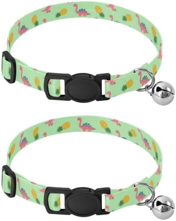 Tropical Dino Mint Dog Collar with Bell 2 Pack Pet Collar Adjustable 10.6 to 17.1 Inches