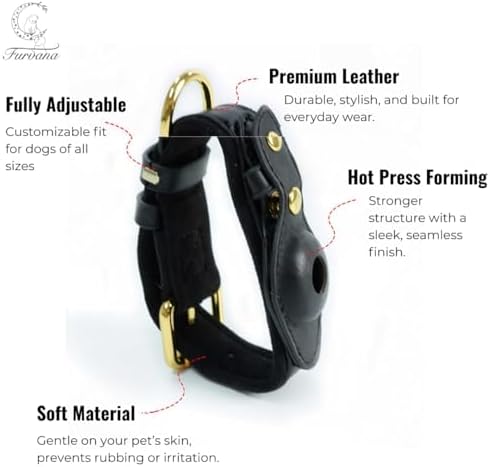 Genuine Leather Dog Collar with Smart Tag Holder Compatible with AirTag, Scratch-Resistant Finish, Microfiber Lining, Adjustable Design for All Breeds (Black, Large: Width = 1.6"; Neck = 17" - 23")