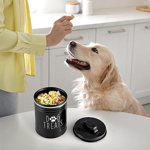 OUTNILI Small Dog Treat Container Airtight - 6" Tall X 4.9" Round Black Dog Treat Jar for Kitchen Counter - Rustic Treat Storage Canister for Dogs, Cats, Small Animals - Gifts for Pet Owners
