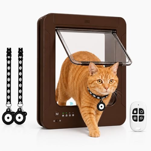 Electronic Cat Door with Selective Access, 4-Way Locking Pet Flap with Collar Key Recognition, Prevents Unwanted Pets from Entering, Includes 2 Collar Keys & Remote Control (White)