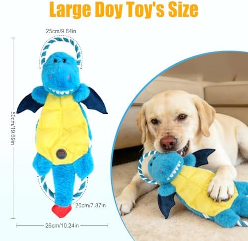 Interactive Squeaky Dog Chew Toy, Tough Plush Dog Toys for Chewers, Small, Medium & Large Dogs, Plush with Double Rope Handles for Tug of War, Mess-Free, Blue