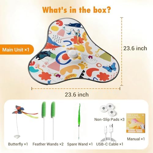 Interactive Cat Toys for Indoor Cats,3-in-1 Hide and Seek Cat Toy with Moving Concealed Wand Feather&Fluttering Butterfly,3 Prey Sounds，Auto Chargeable Play Mat for Bored Adult Cats&Kittens(White)