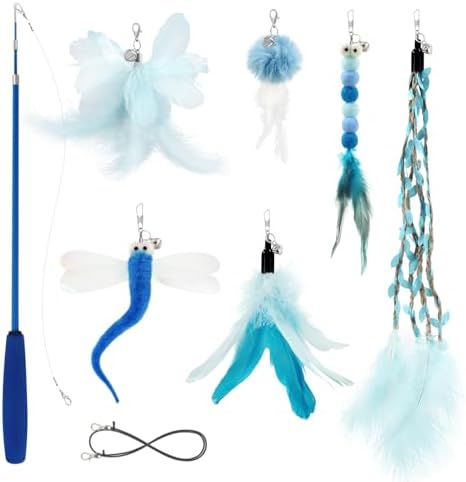 SONGWAY Cat Wand Toys for Indoor Cats - Cat Toy Set with Retractable Teaser Wand and 6 PCS Fairy Feather Toy Refills, Dragonfly Tassel Plush Cat Toys Interactive, Blue