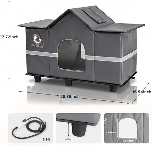 Large Weatherproof Outdoor Cat House with Heated Pad 28" x 16" x 17" Grey