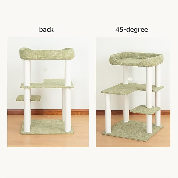 Cat Tree for Large Cat, Modern Senior Friendly Cat Tower with Wide Shelves Low Step, Cotton Scratching Posts, Super Sturdy Base, Cozy Perches, Interactive Toys (Linen Fabric Green 37.4-Inch)