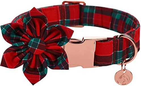 DOGWONG Christmas Dog Collar with Flower, Red Plaid Dog Collar Soft Durable Adjustable Cotton Red Green Tartan Puppy Collar for Small Medium Large Dog