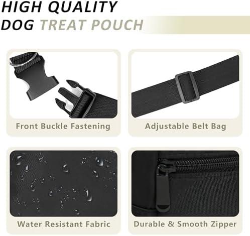 Puppy Dog Treat Pouches for Pet Training Treat Bag, Dog Walking Fanny Pack with Carabiner, Built-in Poop Bag Dispenser & Reuse Dog Poop Holder, Puppy Pet Treat Waist Belt (Black)