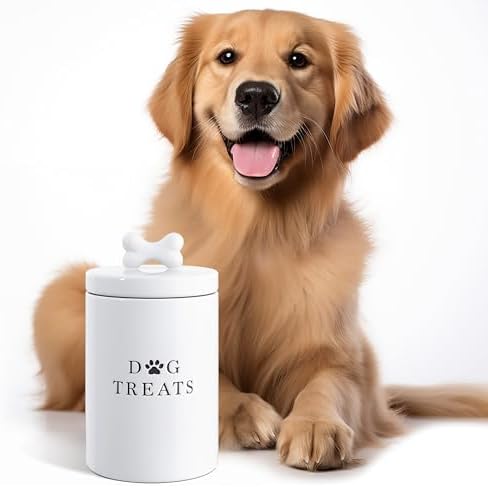Barnyard Designs Ceramic Dog Treat Container with Airtight Lid (White)